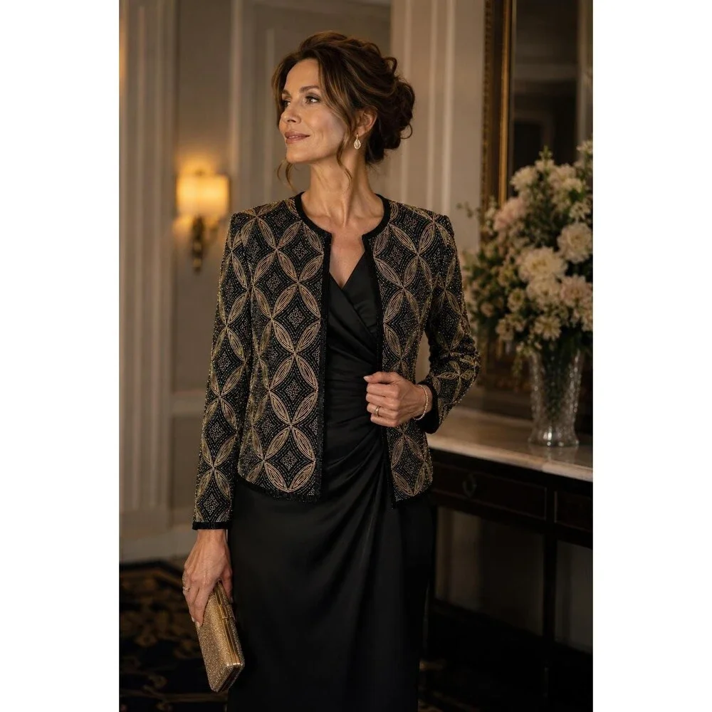 Papell Boutique Silk Beaded Art Deco Evening Jacket Black Gold Open Front Size S - Picture 13 of 13